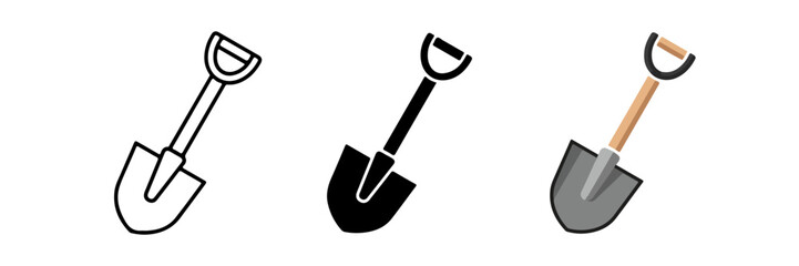 Diverse Shovel Icon Set: Outline, Solid Fill, and Colorful Flat Design on a White Background