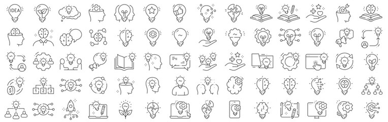 Clean outline idea icons showcasing lightbulb innovation, creativity, brainstorming, startup launch, teamwork, presentation, workflow, mobile app interfaces; editable stroke design