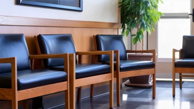 An empty waiting room with wooden chairs and a potted plant. Can be used in materials about medical facilities, waiting for appointments, interior design of public spaces, and organizing space for vis
