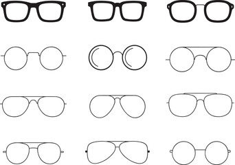 Eyeglasses frames vector illustration collection with round, square, and aviator designs, fashion eyewear outline icons for optical accessories and vision correction