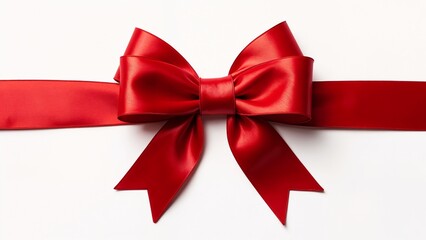A red satin ribbon tied in a bow on a white background.