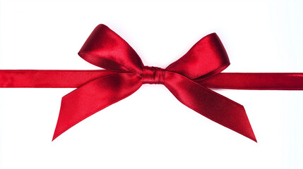 A single red satin ribbon tied in a bow, isolated on pure white, representing elegance and simplicity.