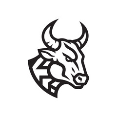 Bold Stylized Bull Head Illustration with Geometric Accents in Black and White