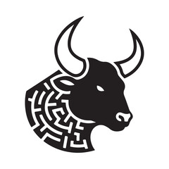 Monochromatic Bovine Head Graphic Featuring a Detailed Maze Pattern