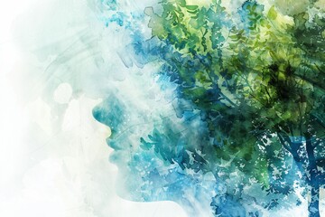 Nature, arbre et verdure, illustration style aquarelle en bleu et vert. 