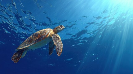 Fototapeta premium Sea Turtle Swimming in Blue Ocean with Sunlight