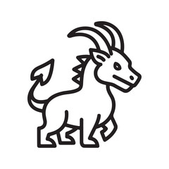 Bold Line Art Icon of a Stylized Mythical Horned Creature with Spikes and a Devil Tail on a White Background