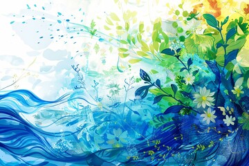 Nature, arbre et verdure, illustration style aquarelle en bleu et vert. 