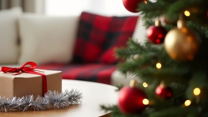 A brown box with a red ribbon tied around it sitting on a table next to a Christmas tree.