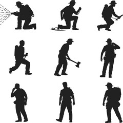 Firefighter silhouettes vector illustration, fireman icons in action with hose, axe, and equipment, emergency rescue workers, firefighting poses isolated on white background