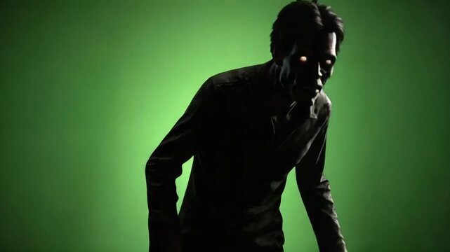 Terrifying Gaunt Zombie with Glowing Eyes Stares Menacingly on a Green Screen Background