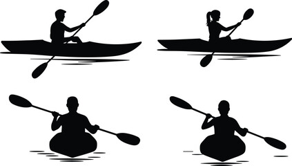 Kayak silhouette vector illustration set, people kayaking design, water sport icons, paddling activity graphic, adventure element, canoeing symbol, outdoor recreation vector collection
