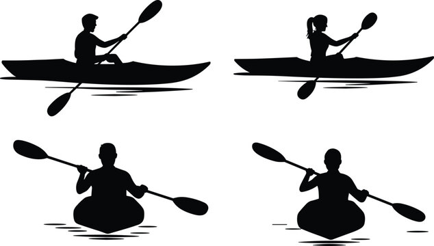 Kayak silhouette vector illustration set, people kayaking design, water sport icons, paddling activity graphic, adventure element, canoeing symbol, outdoor recreation vector collection