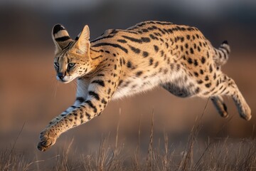 A serval leaps gracefully across a golden savanna, showcasing its agility and hunting prowess