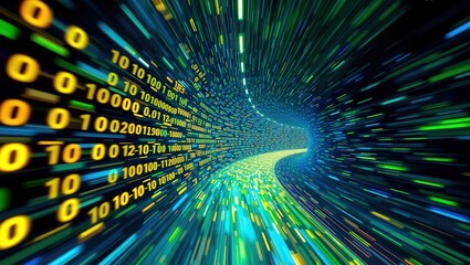 A digital tunnel with binary code and light streaks showing data transfer and connectivity