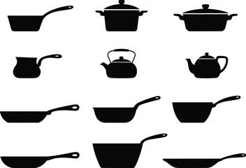 Kitchen cookware vector illustration, cooking pot silhouette, frying pan design, teapot icon, saucepan symbol, black utensil collection, culinary equipment graphic set