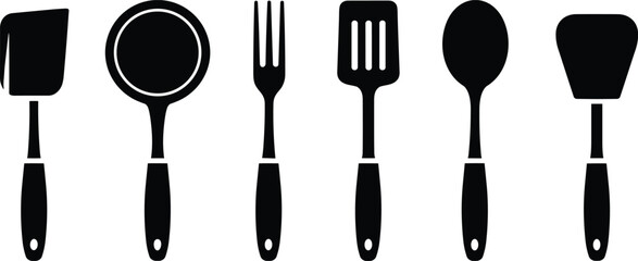 Kitchen utensils silhouette set, cooking tools vector, black cutlery icons, spoon fork spatula design, restaurant equipment illustration, culinary tools art for decoration
