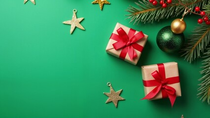 A green background with two wrapped presents with red ribbons and gold stars.