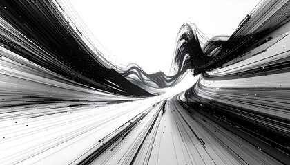 Dynamic abstract black and white brushstrokes creating a sense of forward motion and perspective.