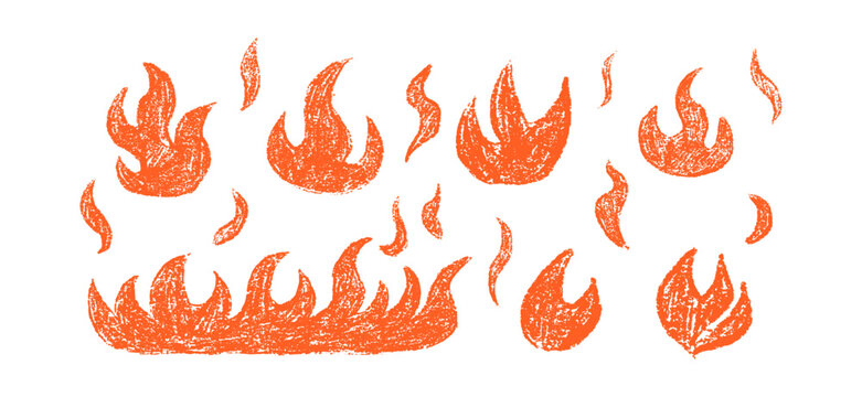 Naklejki Set of fire flames doodle collection. Hand drawn crayon, pastel and chalk texture fire icons, sketch style grunge elements. Red vector illustration isolated on white background
