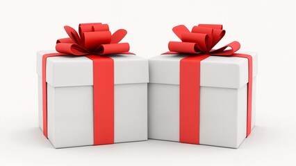 Obraz premium Two white gift boxes with red ribbons tied around them.
