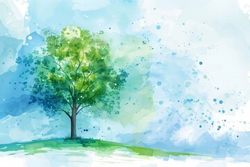 Nature, arbre et verdure, illustration style aquarelle en bleu et vert. 