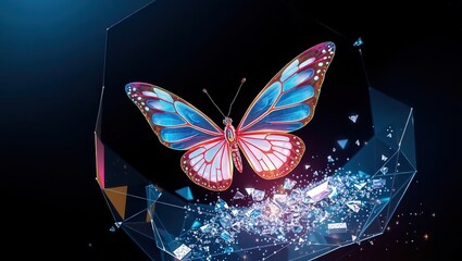 A vibrant butterfly with blue and pink wings resting above shattered glass on a black background