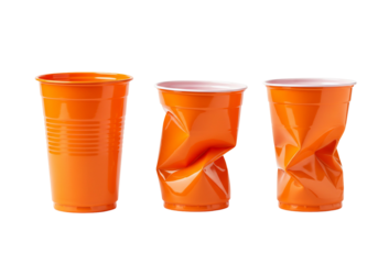 Three orange plastic cups one intact two crushed transparent background