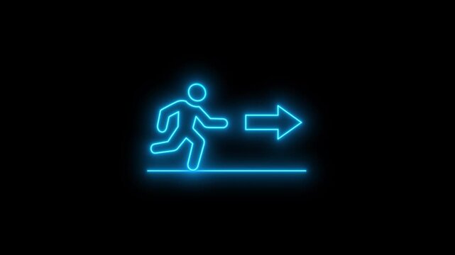Right side Neon glowing green color emergency exit icon 4k video animation on black background. Man running out, fire exit. Emergency exit sign. Emergency exit. Safety animation.