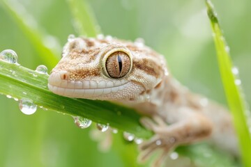 Close-up of a gecko resting on a dewy green leaf, showcasing nature's beauty and detail