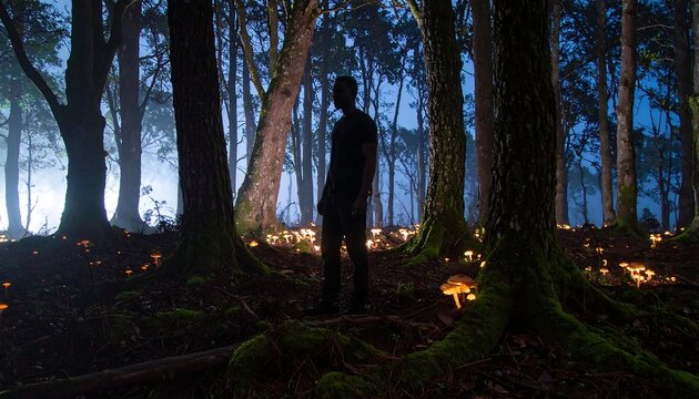 Silhouette of person in glowing forest - Powered by Adobe