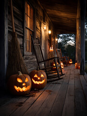 Obraz premium Spooky Rustic Porch Scene with Carved Pumpkins