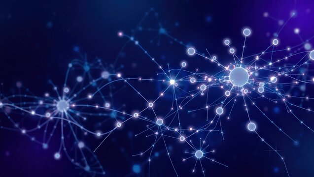 Illuminated network of interconnected nodes and lines against a dark blue and purple background - Powered by Adobe