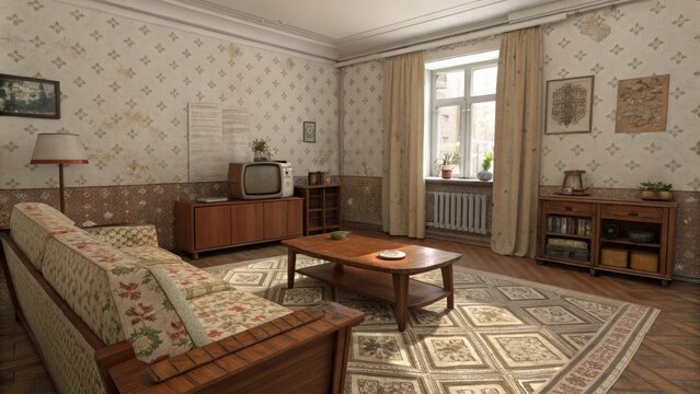 Commercial high-resolution photo of typical Soviet style apartment with vintage furnishing and retro living room design copy space image.