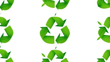 Fototapeta premium A seamless pattern of green recycle symbols with small green leaves on a white background design