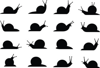 Snail silhouettes vector illustration collection with crawling mollusk designs, garden slow animal icons, black outline symbols for nature, wildlife, and biology concepts
