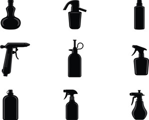 Spray bottle vector illustration, cosmetic dispenser icons, cleaning product container silhouettes, pump bottle design, hair spray packaging, liquid dispenser black graphic
