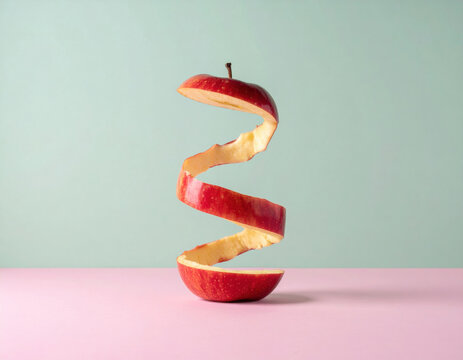 Spiral apple peel red apple minimal pastel background floating fruit creative food surreal sliced apple modern clean design