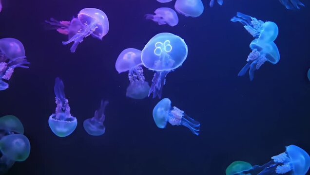 Ethereal dance of luminous jellyfish glowing with vibrant purple and blue light in the deep, dark ocean