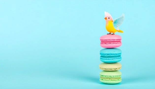 Stacked colorful macarons with a small bird