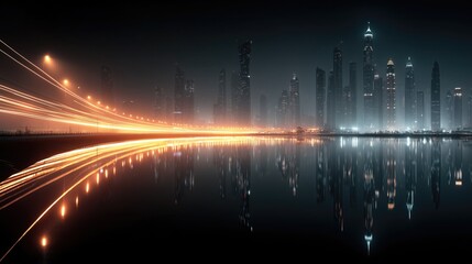 Night city skyline with light trails reflecting on calm water, showcasing modern skyscrapers and urban glow, ideal for wallpaper or poster.