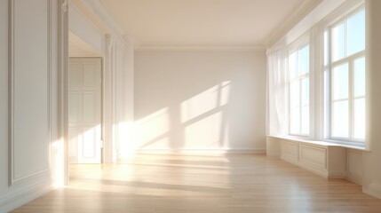 Fototapeta premium Bright, modern empty room with natural light streaming through windows, perfect for interior design concepts