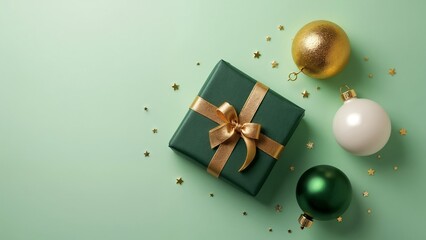 A green gift box with a gold ribbon tied around it.