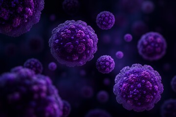 Abstract illustration of purple cells floating in a dark environment with glowing details