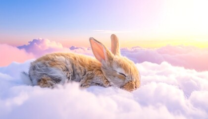 A fluffy rabbit peacefully sleeps amidst billowing clouds at sunrise/sunset, bathed in soft, warm light