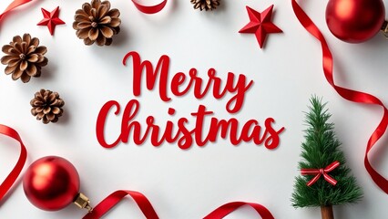 A white background with red lettering that says Merry Christmas surrounded by red ribbons and pine cones.