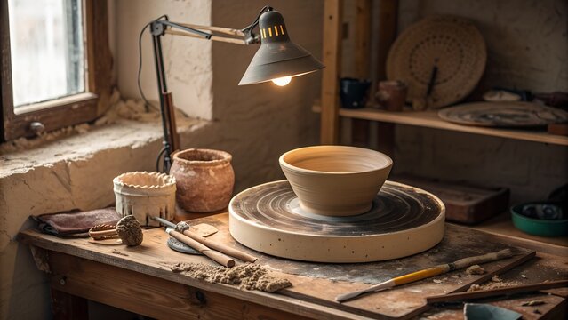 traditional clay pottery on wheel in rustic workshop with tools and lamp