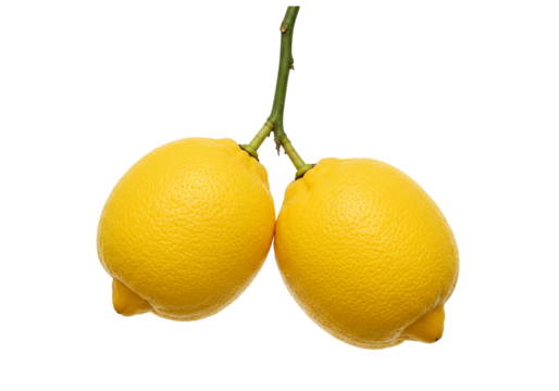 Two lemons on branch yellow citrus fruit transparent background