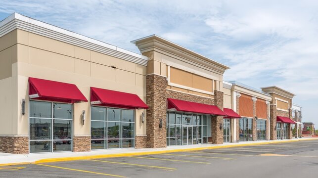 Modern Retail Strip Mall Facade with Red Awnings and Ample Parking on a Sunny Day