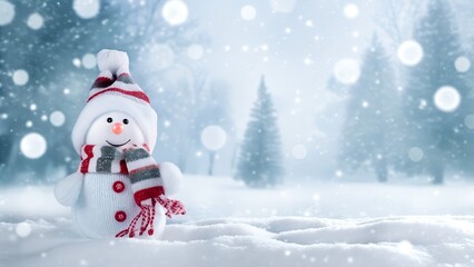 Fototapeta premium Snowman in winter landscape with snowfall